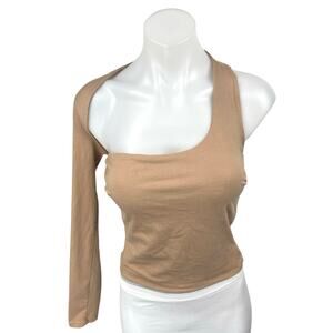 Tiger Mist Tan Beige One Shoulder Long Sleeve Stretch Blouse Crop Top Size M